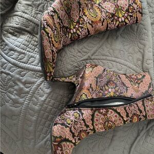 Qupid Floral Ankle Boots - Pink and Black